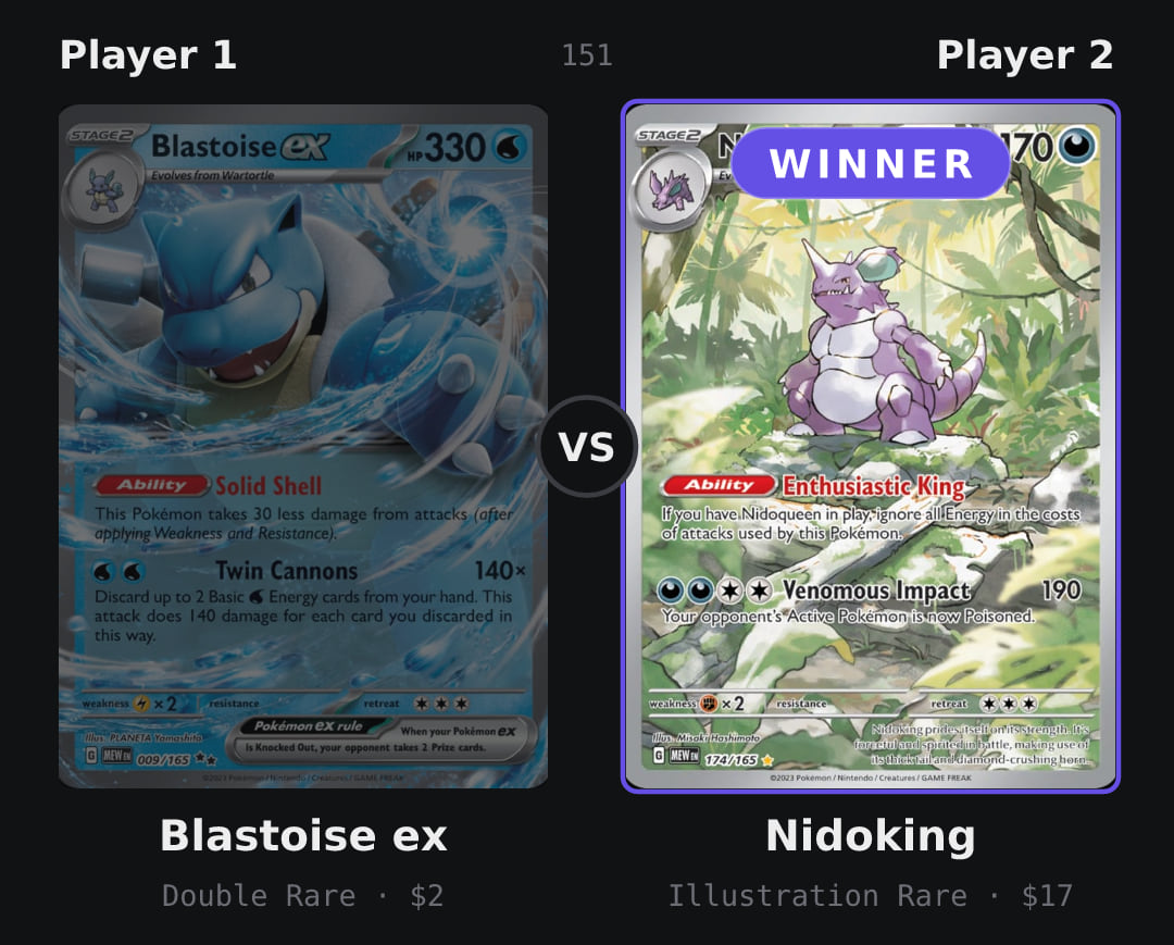 A pack battle result: Nidoking beats Blastoise ex