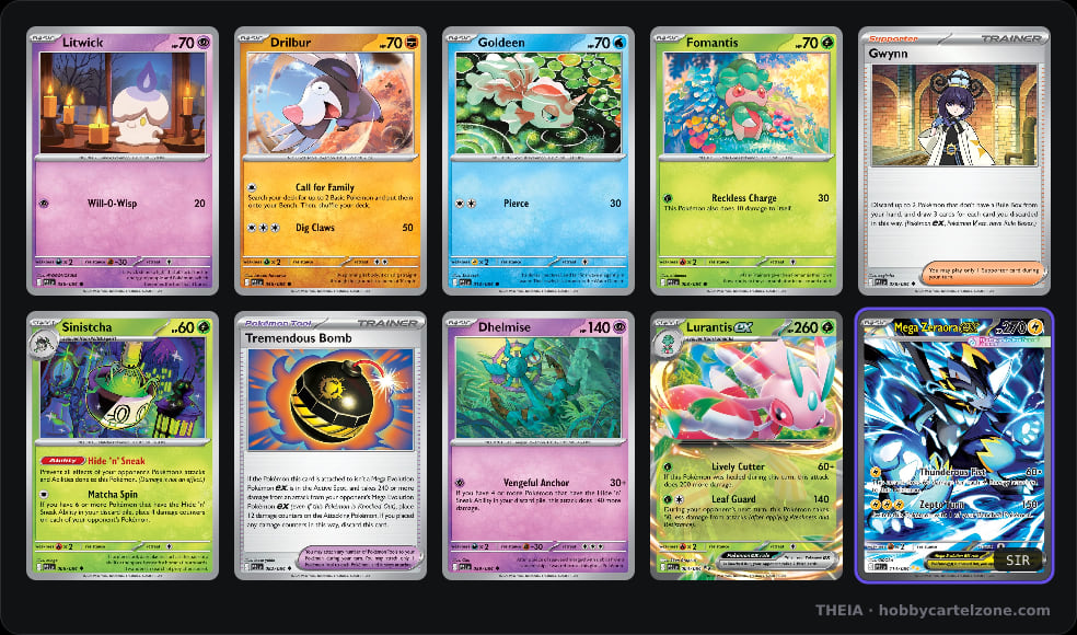 A whole Pitch Black pack laid out after opening, with Mega Zeraora ex as the hit