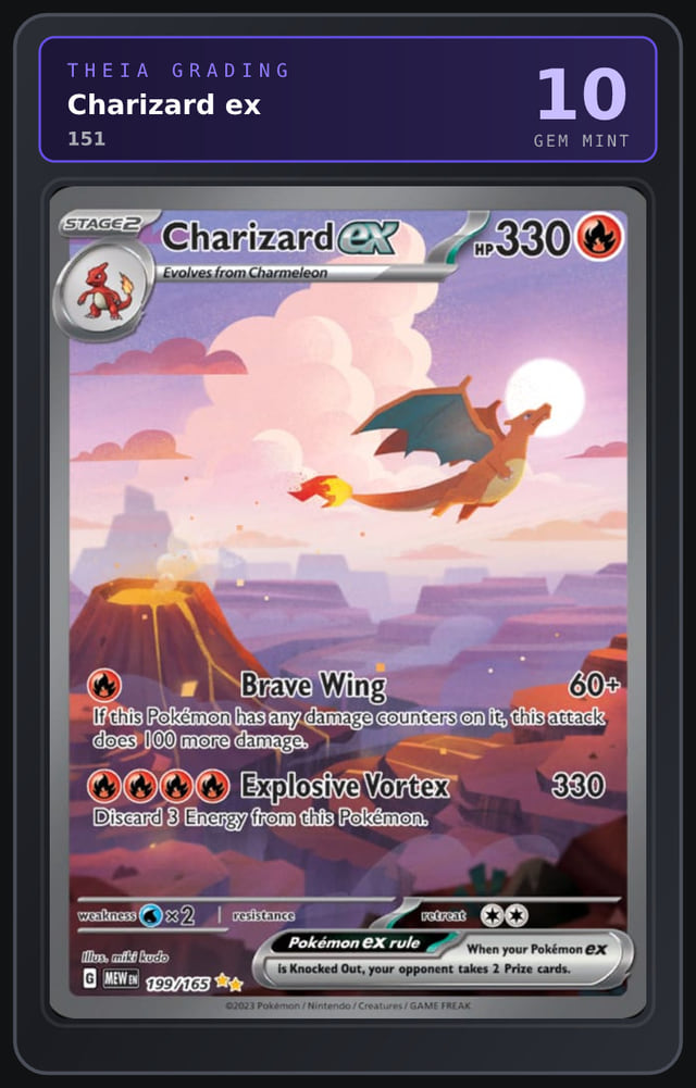 Charizard ex in a THEIA Grading slab, graded 10 Gem Mint